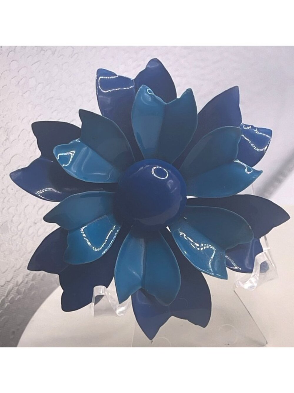 Vtg 60s Retro Enamel Flower Power Brooch Brilliant Blue Pop Art Multi-Layered Fl